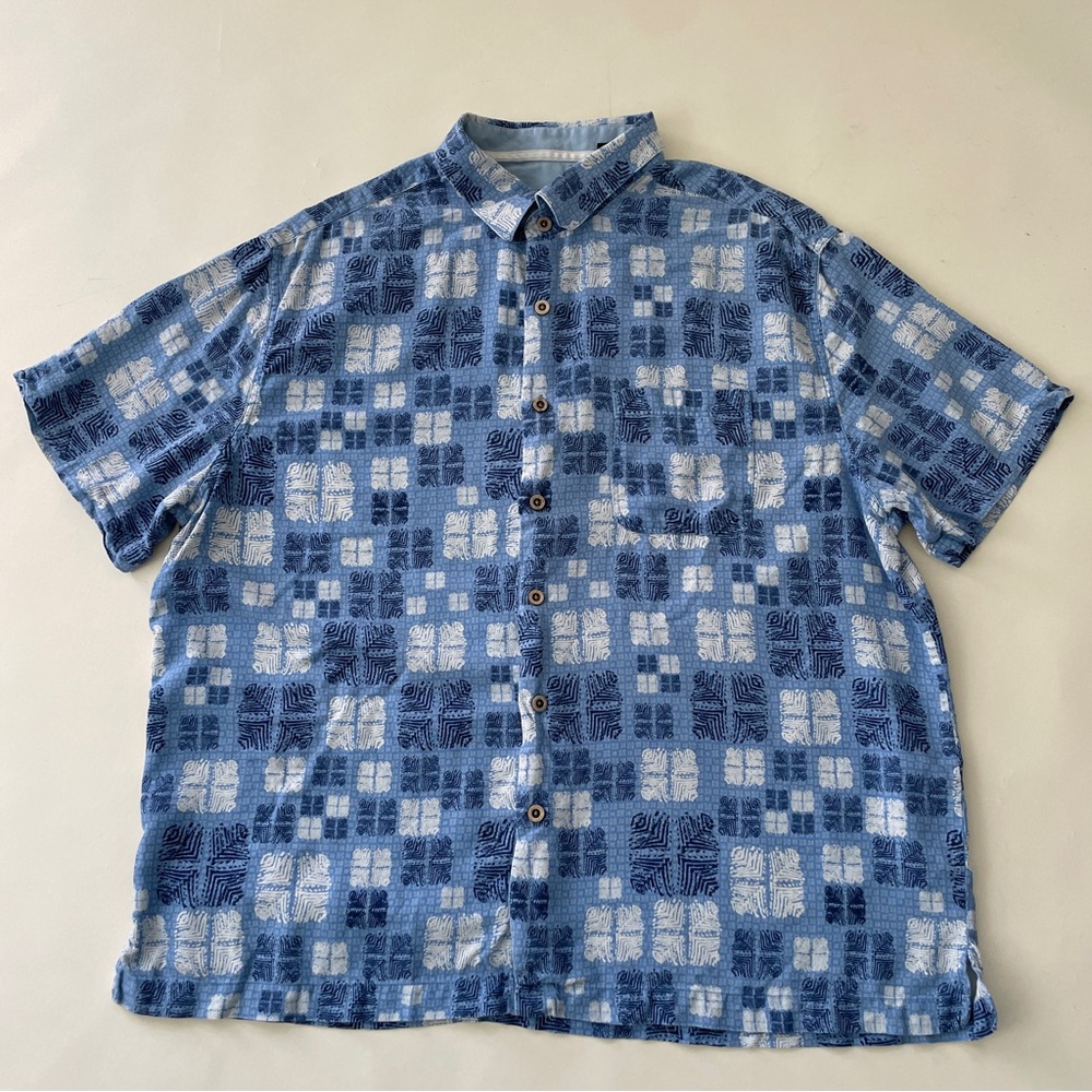 Nat Nast Shirt Mens XL Silk Blend Blue Geometric Hawaiian Print Casual Preppy